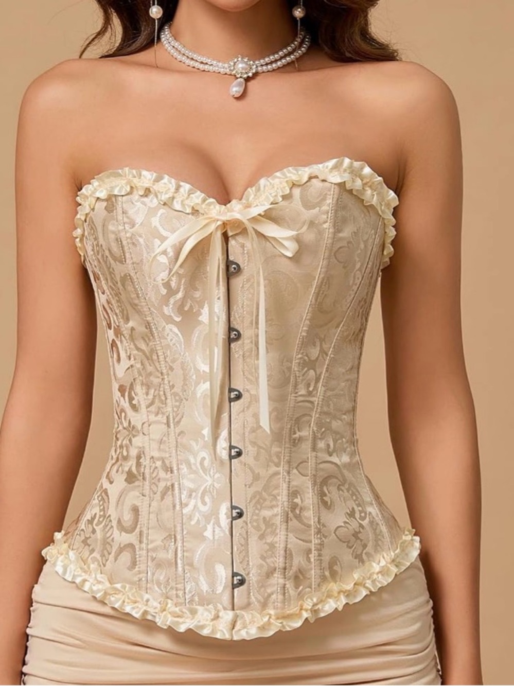 New Strapless Satin Brocade Corset Top in Cream- size M